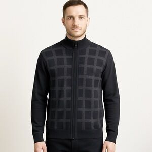 Ashworth Merino Wool Plaid Mens Sweater M Full Zip Black Gray